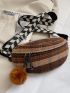 Pom-Pom Detail Plaid Pattern Colorblock Waist Bag