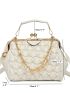 Quilted Chain & Faux Pearl Decor Kiss Lock Ruched Bag