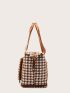 Letter Patched Detail Houndstooth Pattern Duffel Bag