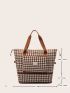 Letter Patched Detail Houndstooth Pattern Duffel Bag