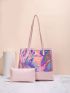 Holographic Letter Graphic Shoulder Tote Bag With Purse