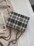 Mini Plaid Pattern Faux Pearl Decor Flap Chain Square Bag