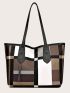 Plaid Color Block Shoulder Tote Bag Without Bag Charm