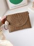 Pom Pom Decor Flap Straw Bag