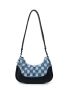 Denim Checkered Pattern Raw Trim Baguette Bag