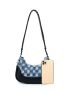 Denim Checkered Pattern Raw Trim Baguette Bag