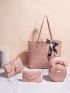 4pcs Twilly Scarf Decor Quilted Pattern Shoulder Tote Bag Set