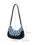 Denim Checkered Pattern Raw Trim Baguette Bag