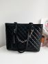 Argyle Quilted Tassel & Chain Decor Shoulder Tote Bag