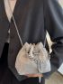 Mini Rhinestone Fringe Decor Eyelet Detail Drawstring Design Bucket Bag