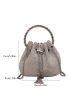 Mini Rhinestone Fringe Decor Eyelet Detail Drawstring Design Bucket Bag