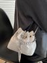 Mini Rhinestone Fringe Decor Eyelet Detail Drawstring Design Bucket Bag