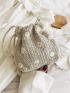 Mini Floral Embroidered Drawstring Design Straw Bag