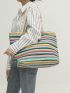 Striped Pattern Canvas Shoulder Tote Bag