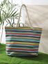 Striped Pattern Canvas Shoulder Tote Bag