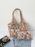 Plaid Print Shoulder Tote Bag With Inner Pouch