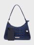 Crocodile Embossed Metal Decor Baguette Bag