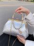 Artificial Patent Leather Metallic Kiss Lock Faux Pearl Beaded Satchel Bag