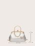 Artificial Patent Leather Metallic Kiss Lock Faux Pearl Beaded Satchel Bag