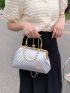 Artificial Patent Leather Metallic Kiss Lock Faux Pearl Beaded Satchel Bag