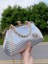 Artificial Patent Leather Metallic Kiss Lock Faux Pearl Beaded Satchel Bag