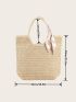 Twilly Scarf Decor Straw Bag Large Capacity Shoulder Tote Bag For Vacation