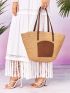 Two Tone Double Handle Straw Bag