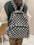 Checkered Print Mesh Detail Functional Backpack With Bag Charm