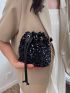 Mini Sequin Decor Drawstring Design Chain Bucket Bag