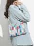 Geometric Print Color Block Faux Pearl Decor Baguette Bag