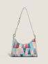 Geometric Print Color Block Faux Pearl Decor Baguette Bag