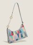 Geometric Print Color Block Faux Pearl Decor Baguette Bag