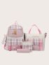 4pcs Plaid & Letter Graphic Functional Backpack Set Without Bag Charm