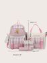 4pcs Plaid & Letter Graphic Functional Backpack Set Without Bag Charm