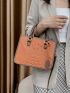 Crocodile Embossed Double Handle Square Bag With Bag Charm