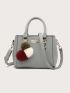 Trendy Double Handle Satchel Bag, Pompom & Metal Decor Purse, Women's PU Crossbody Bag Pebble Embossed Square Bag With Pom Pom Charm