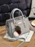 Trendy Double Handle Satchel Bag, Pompom & Metal Decor Purse, Women's PU Crossbody Bag Pebble Embossed Square Bag With Pom Pom Charm