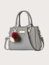 Trendy Double Handle Satchel Bag, Pompom & Metal Decor Purse, Women's PU Crossbody Bag Pebble Embossed Square Bag With Pom Pom Charm