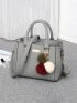 Trendy Double Handle Satchel Bag, Pompom & Metal Decor Purse, Women's PU Crossbody Bag Pebble Embossed Square Bag With Pom Pom Charm