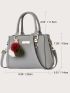 Trendy Double Handle Satchel Bag, Pompom & Metal Decor Purse, Women's PU Crossbody Bag Pebble Embossed Square Bag With Pom Pom Charm