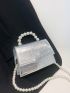 Mini Metallic Crocodile Embossed Faux Pearl Decor Flap Square Bag