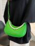 Neon-Green Faux Pearl Beaded Letter Graphic Hobo Bag