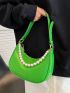 Neon-Green Faux Pearl Beaded Letter Graphic Hobo Bag