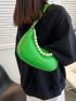 Neon-Green Faux Pearl Beaded Letter Graphic Hobo Bag