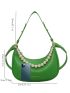 Neon-Green Faux Pearl Beaded Letter Graphic Hobo Bag