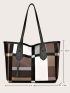 Plaid Color Block Shoulder Tote Bag Without Bag Charm