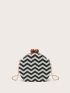 Mini Chevron Pattern Kiss Lock Chain Straw Bag