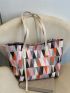 Color Block Geometric Print Shoulder Tote Bag