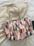 Color Block Geometric Print Shoulder Tote Bag