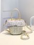 Faux Pearl Decor Ruffle Trim Drawstring Design Straw Bag